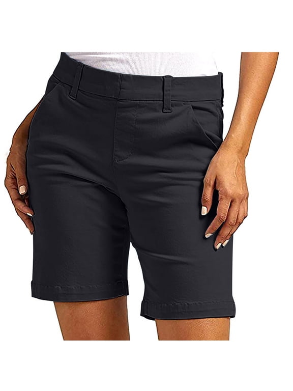 Women's Summer Shorts Slim Fit Cotton Twill Casual Solid Color Pockets Elastic Waist Pull On Shorts Comfortable Breathable Daily Beach Vacation Lounge