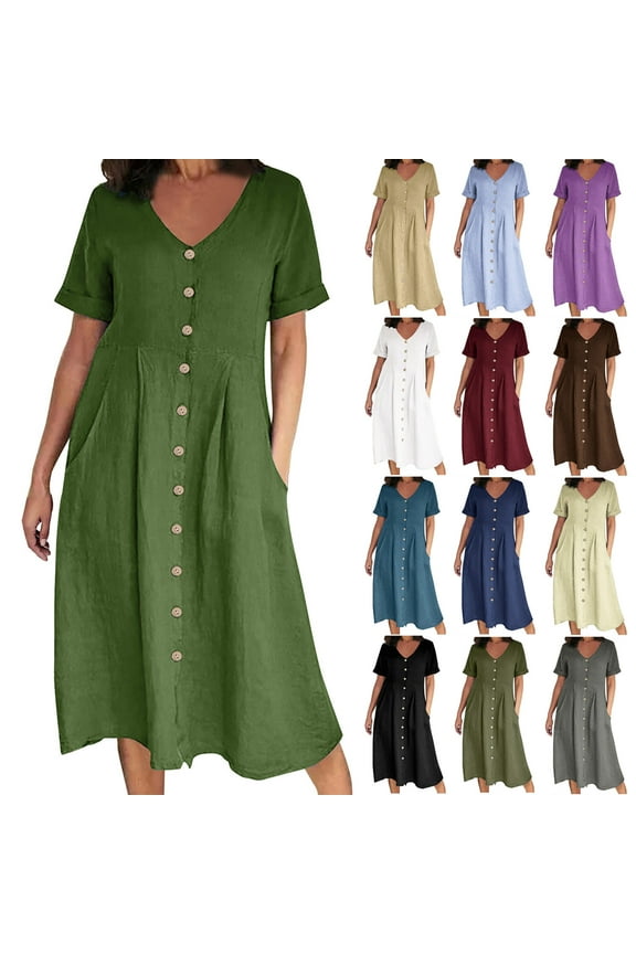 Women's Summer V Neck Button Down Dress Linen Blend Short Sleeve Casual Boho Chic Dress