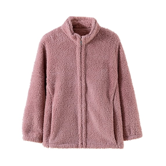 Zpanxa Women's Thick Fleece Jacket with Stand Collar Zip Up Long Sleeve Solid Color Warm Winter Casual Outerwear No Hood