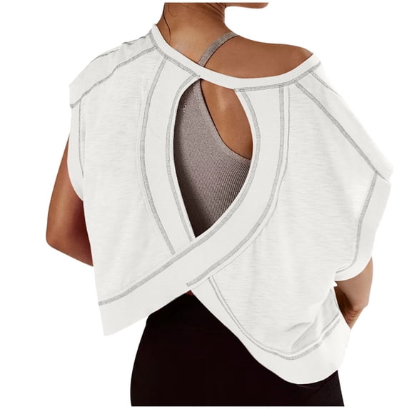 Zpanxa Women's Top with Back Cutout & Crisscross Front Short Sleeve Round Neck Solid Color Yoga Tee Casual Fashion Workout Blouse