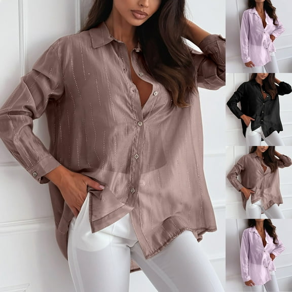 Zpanxa Women's Turndown Collar Tunic Blouse Long Sleeve Solid Color Work Shirt Comfortable Business Casual Top