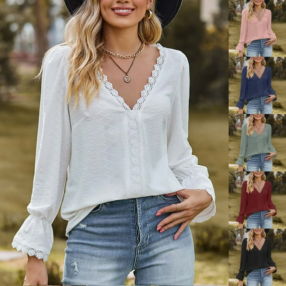 Zpanxa Women's V-Neck Long Sleeve Stand Collar Blouse Solid Color Tailored Lightweight Casual Top