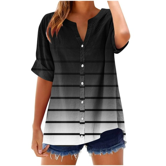 Zpanxa Women's V-Neck Summer Top Short Sleeve Ombre Striped Print T-Shirt with Button Detail Loose Comfortable Casual Blouse for Everyday Wear