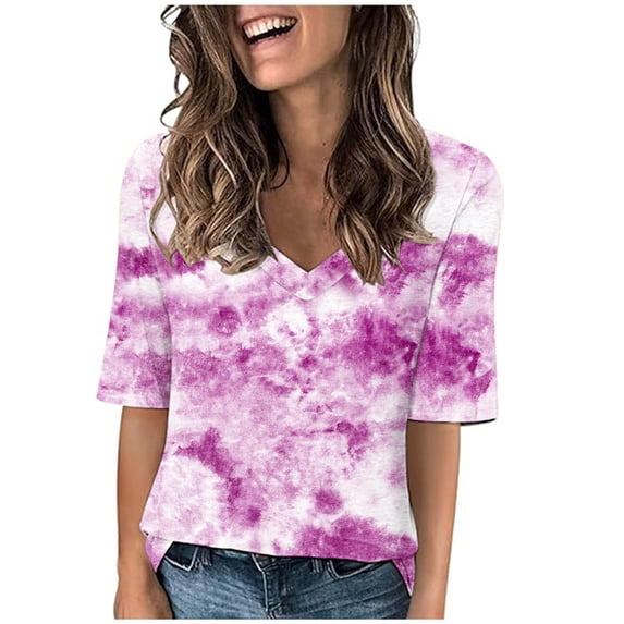 Zpanxa Women's V-Neck Tee Printed Short Sleeve Top Oversized Casual Shirt 3/4 Sleeve Loose Fit Basic Summer Blouse for Women