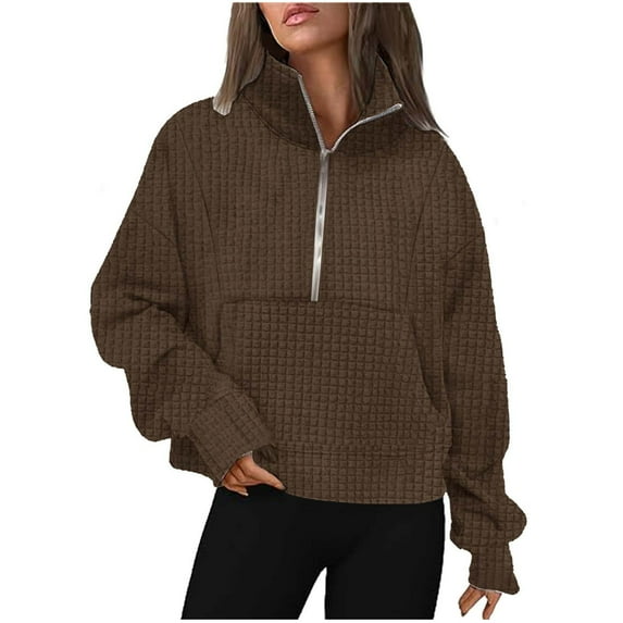 Zpanxa Women's V-Neck Zip Front Sweatshirt Top, Long Sleeve Casual Pullover with a Modern Flattering Silhouette for a Lightweight Layering Piece Coffee S