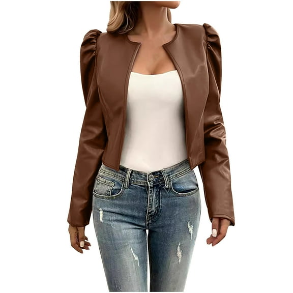 Zpanxa Women's Vegan Leather Biker Jacket Short Cropped Motorcycle Style Hoodless Long Sleeve Outerwear