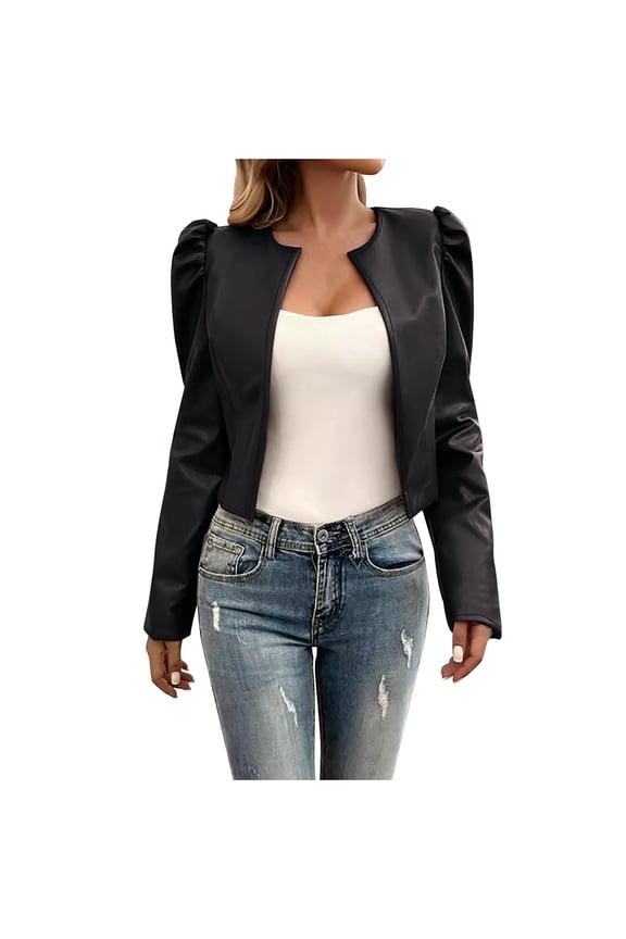 Women's Vegan Leather Biker Jacket Short Cropped Motorcycle Style Hoodless Long Sleeve Outerwear