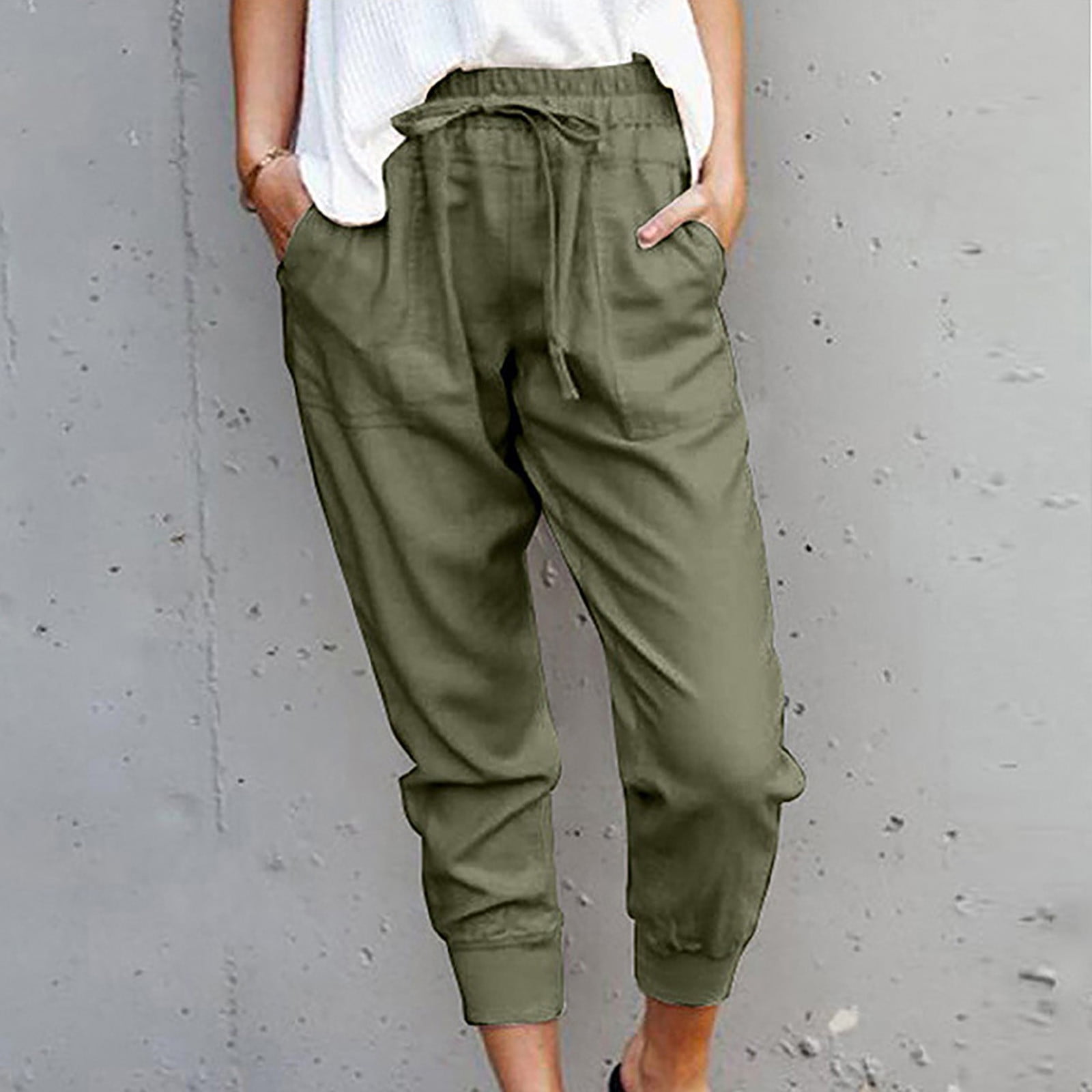 Zpanxa Women's Wide Leg Pants Casual Solid Cotton Linen Pants, Drawstring  Elastic Waist Calf-Length Pencil Pants, Work Pants for Women, Sports  Athletic Lounge Pants with Pockets Army Green A XXL 