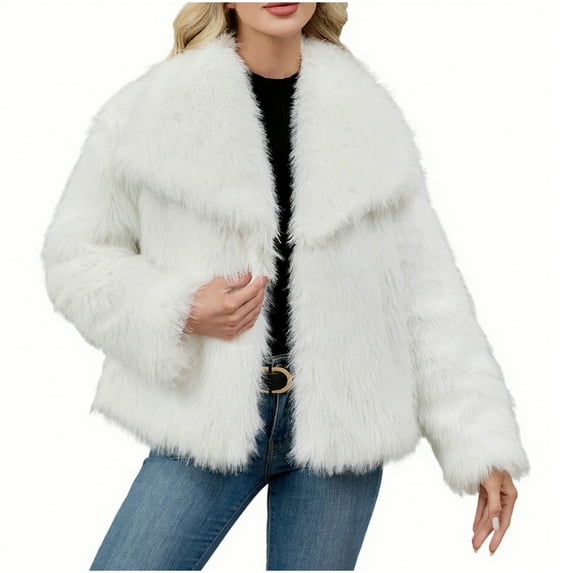 Zpanxa Women's Winter Coat Long Sleeve Faux Fur Turn-Down Collar Zip Front Solid Color Warm Outerwear for Women White L