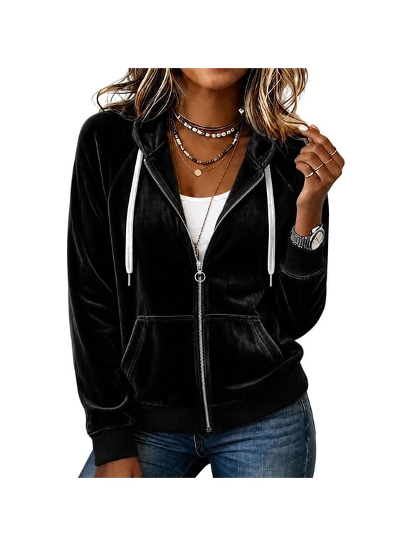 Women's Winter Coats Velour Hooded Zip Up Jacket with Drawstring and Pockets Long Sleeve Casual Solid Color