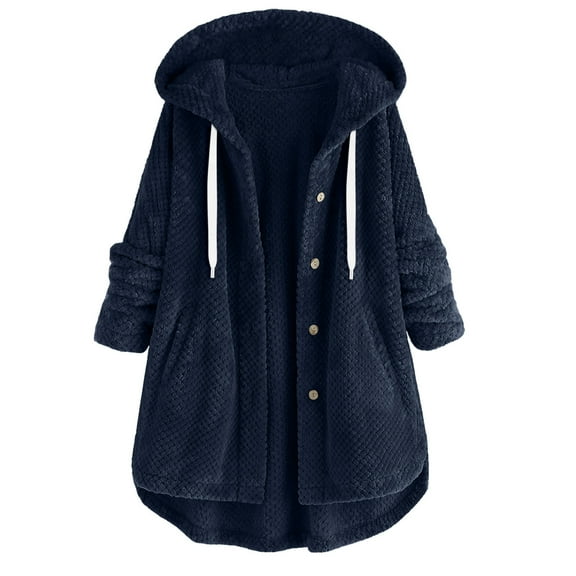 Zpanxa Women's Winter Jacket Hooded Sherpa Lined Long Sleeve Coat with Button Front and Pockets Warm Casual Outdoor Wear for Women Dark Blue S