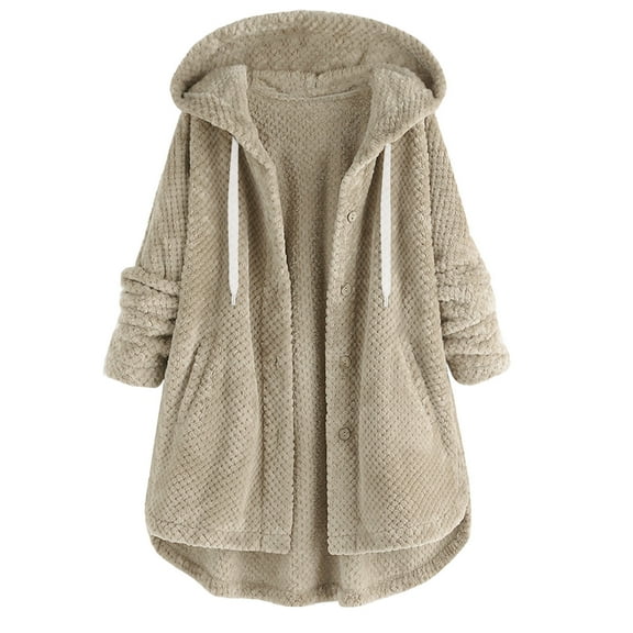 Zpanxa Women's Winter Jacket Hooded Sherpa Lined Long Sleeve Coat with Button Front and Pockets Warm Casual Outdoor Wear for Women Khaki M