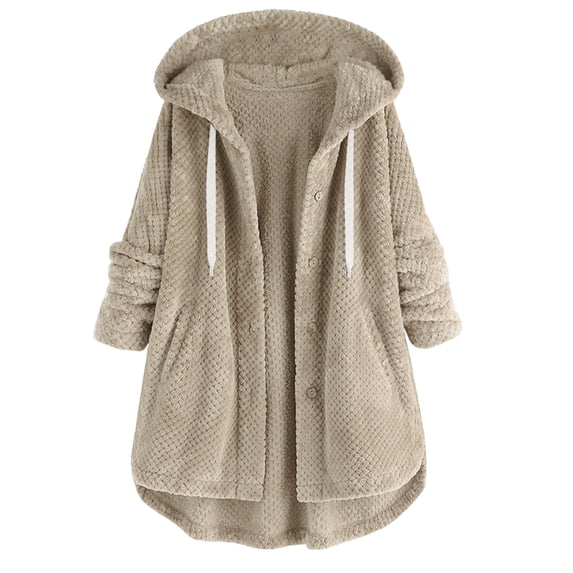 Zpanxa Women's Winter Jacket Hooded Sherpa Lined Long Sleeve Coat with Button Front and Pockets Warm Casual Outdoor Wear for Women Khaki M