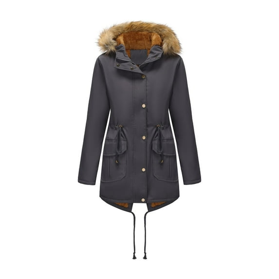 Zpanxa Women's Winter Parka Hooded Long Sleeve Jacket with Double Pockets Button Front Solid Color Warm Coat for Cold Weather Dark Gray M