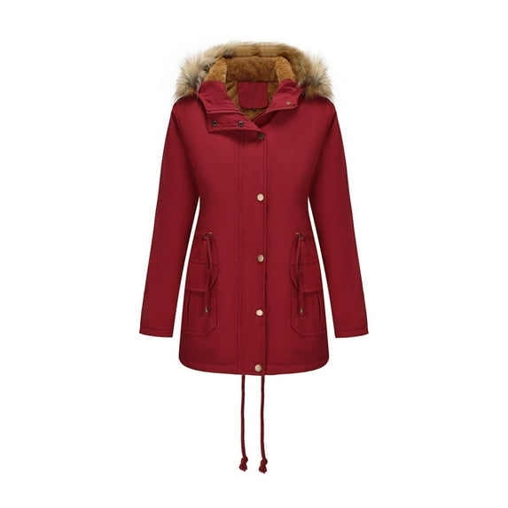 Zpanxa Women's Winter Parka Hooded Long Sleeve Jacket with Double Pockets Button Front Solid Color Warm Coat for Cold Weather Wine XXL