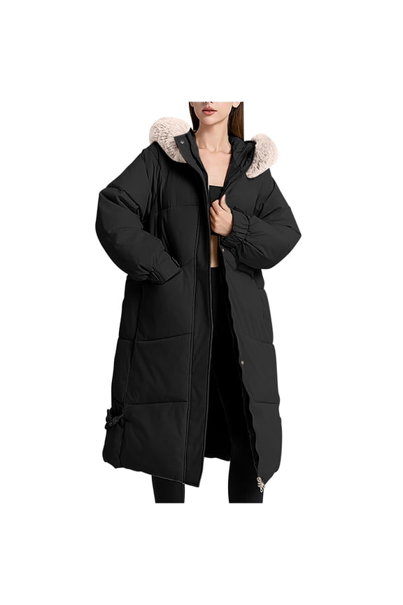 Women's Winter Parka Long Hooded Coat with Faux Fur Trim Slim Fit Insulated Windproof Warm Jacket for Cold Weather Black XXL