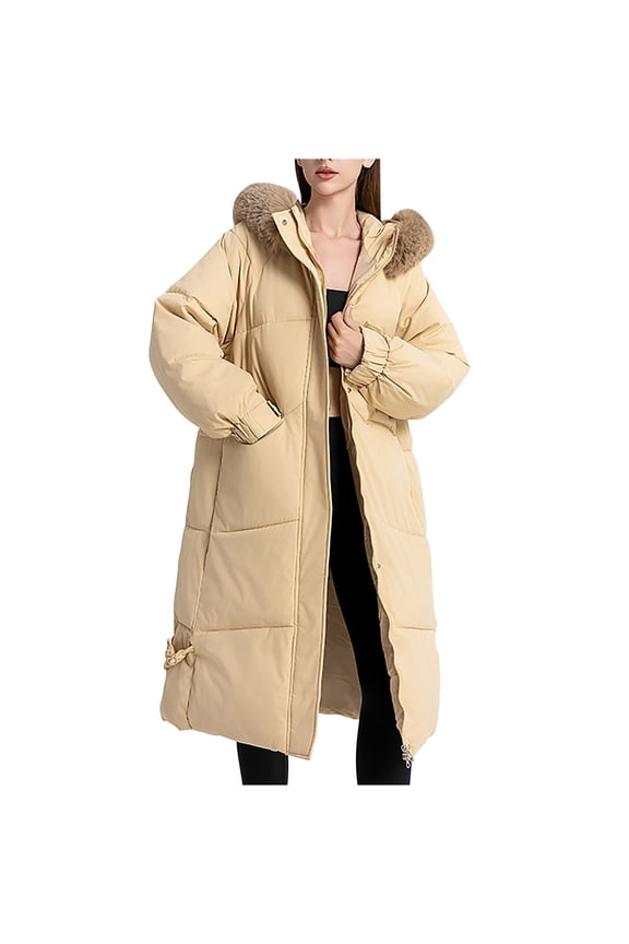 Women's Winter Parka Long Hooded Coat with Faux Fur Trim Slim Fit Insulated Windproof Warm Jacket for Cold Weather Khaki M