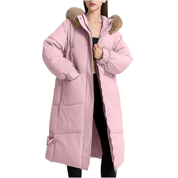 Zpanxa Women's Winter Parka Long Hooded Coat with Faux Fur Trim Slim Fit Insulated Windproof Warm Jacket for Cold Weather Pink XL