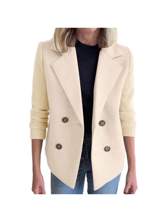 Women's Wool Blazer Double-Breasted Suit Collar Mid-Length Structured Fit Coat for Fall Winter Office Casual Wear Beige XXL