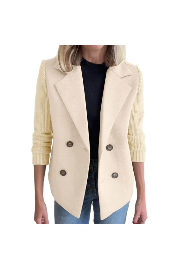 Women's Wool Blazer Double-Breasted Suit Collar Mid-Length Structured Fit Coat for Fall Winter Office Casual Wear Beige XXL