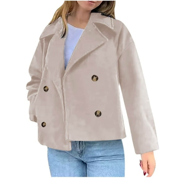 Zpanxa Women's Wool Blend Blazer Double-Breasted Notched Lapel Cropped Jacket Casual Loose Fit Office Wear for Women Beige S