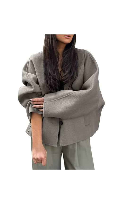 Women's Wool Blend Coat Double Breasted Notch Lapel Long Sleeve Winter Jacket Classic Trench Style Casual Office Wear Gray L