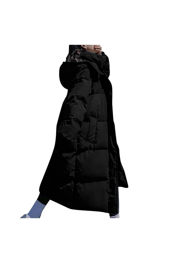 Women's Wool Blend Jacket Hooded Mid-Length Zipper Closure Long Sleeve Coat with Front Pockets Casual Daily Outerwear for Women Black XXL