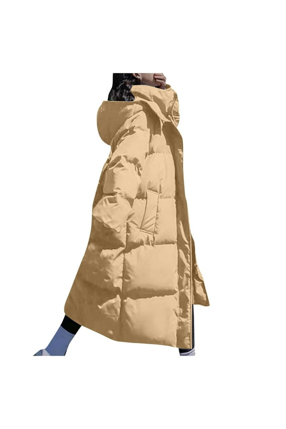 Women's Wool Blend Jacket Hooded Mid-Length Zipper Closure Long Sleeve Coat with Front Pockets Casual Daily Outerwear for Women Khaki S