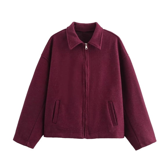 Zpanxa Women's Wool Coat Lapel Collar Long Sleeve with Zippered Pockets Solid Color Casual Daily Outerwear for Women Wine M