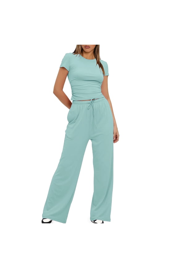 Womens 2 Piece Lounge Sets Summer Workout Short Matching Sets Clothing Going Out Two Piece Outfits Gym Clothes Round Neck Solid Short Sleeve Blouse Long Elastic Waist Pants Sets Light Blue XXL