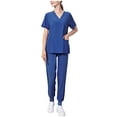 thumbnail image 1 of Zpanxa Womens 2 Piece Outfits Casual Short Sleeve Solid Color Work Tops Uniform Sets Pockets V-Neck Nurse Suit and Long Work Pants Dark Blue 5XL, 1 of 3