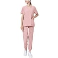 thumbnail image 1 of Zpanxa Womens 2 Piece Outfits Casual Short Sleeve Solid Color Work Tops Uniform Sets Pockets V-Neck Nurse Suit and Long Work Pants Pink 3XL, 1 of 3