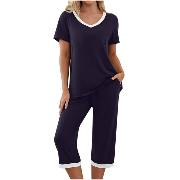 Zpanxa Womens 2 Piece Sets Summer Outfits Fashion Two Piece Lounge Matching Set, V-Neck Short Sleeve Tops Capri Pants, Fashion Women Casual Short Sleeve Tops Pajama Sets Purple C S