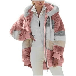Fanvereka Women Hooded Fuzzy Fleece Coat Color Block Patchwork Zip Up Warm Jacket Outwear with Pockets Walmart