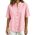 thumbnail image 1 of Zpanxa Womens Button Down Shirt Band Collar Short Sleeve Loose Fit Casual Solid Color Blouses for Summer, 1 of 9
