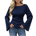 thumbnail image 1 of Zpanxa Womens Casual Boat Neck Flare Long Sleeve Blouse Fitted Solid Top Side Pleat Pullover for Daily Outfits, 1 of 5
