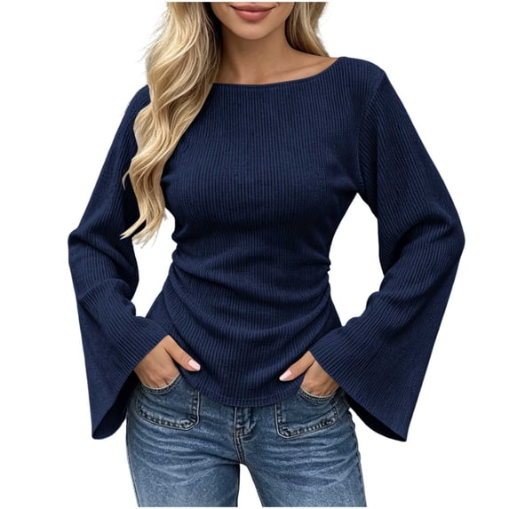 Zpanxa Womens Casual Boat Neck Flare Long Sleeve Blouse Fitted Solid Top Side Pleat Pullover for Daily Outfits