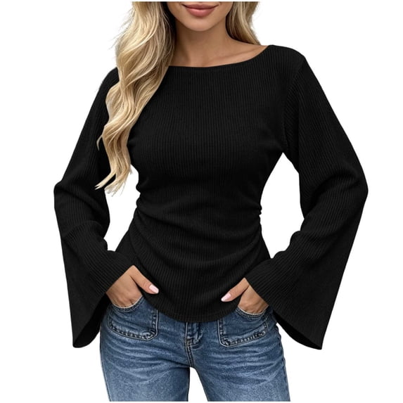 Zpanxa Womens Casual Boat Neck Flare Long Sleeve Blouse Fitted Solid Top Side Pleat Pullover for Daily Outfits