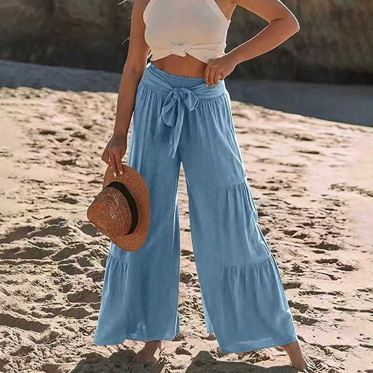 Zpanxa Womens Casual Pants Straight Leg Drawstring Elastic High Waist Loose  Comfy Trousers with Pockets Solid Color Ruffle Wide Leg Long Pants Sky Blue  L 