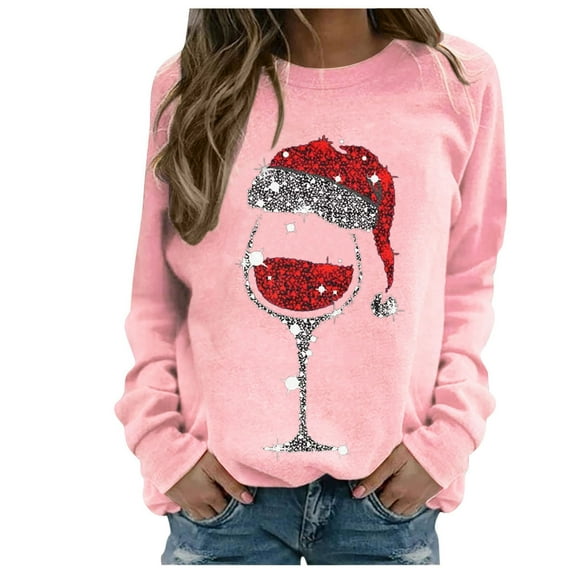 Zpanxa Womens Christmas Sweatshirt Red Wine Glass Santa Hat Graphic Sweater