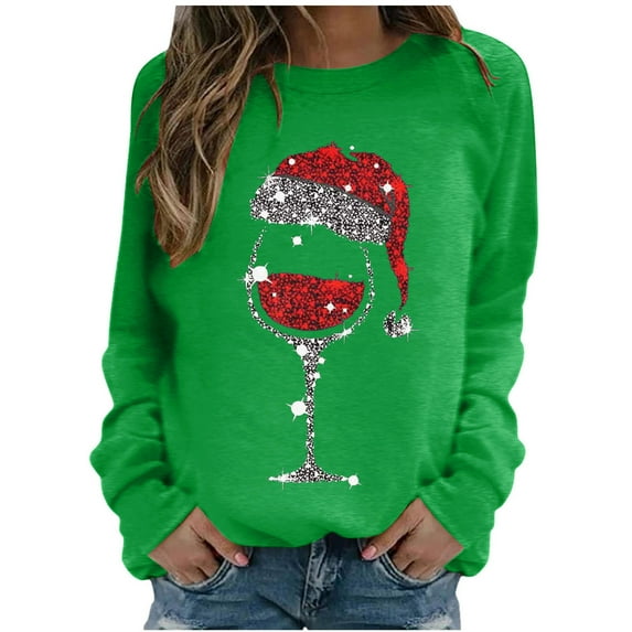 Zpanxa Womens Christmas Sweatshirt Red Wine Glass Santa Hat Graphic Sweater