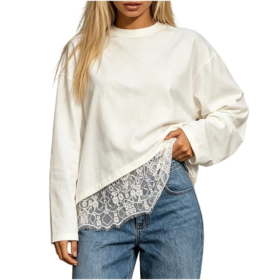 Zpanxa Womens Crewneck Sweatshirt Lace Hem Loose Fit Casual Solid Color Long Sleeve Pullover for Winter