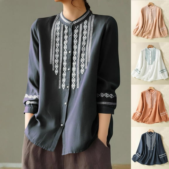 Zpanxa Womens Embroidered Blouse Long Sleeve Boho Chic Linen Blend Round Neck Loose Fit Tunic Top Summer Casual Fashion