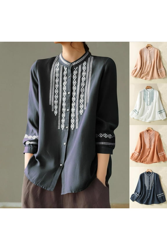 Womens Embroidered Blouse Long Sleeve Boho Chic Linen Blend Round Neck Loose Fit Tunic Top Summer Casual Fashion