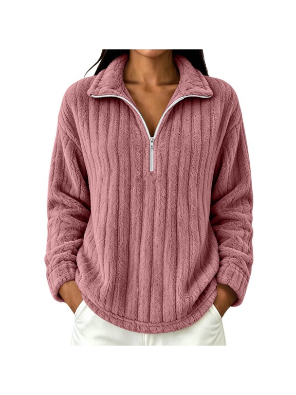 Womens Fleece Jacket Half Zip Double-Sided Pullover with Ribbed Texture Long Sleeve