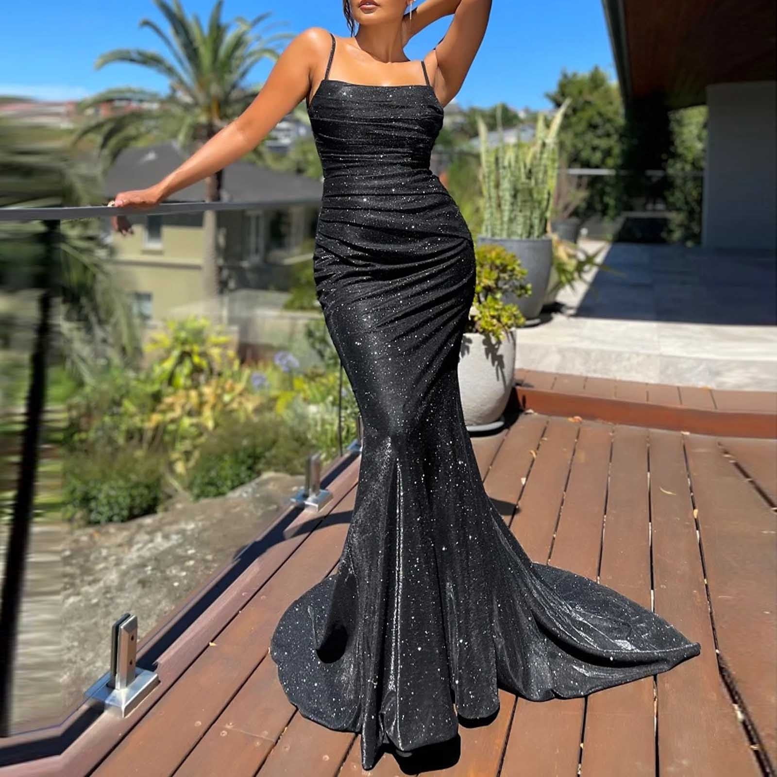 Buy Sleeveless Double V-Neck Long Mermaid Sequin Formal Evening Dresses,  Black, XX-Large at Amazon.in