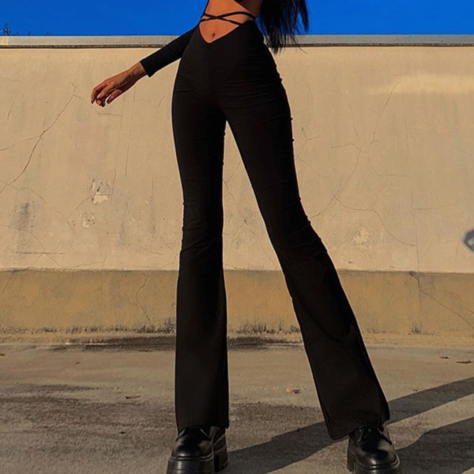 Zpanxa Womens High Waisted Pants Casual V Waist Cropped