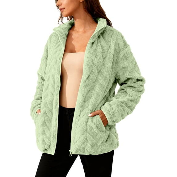 Zpanxa Womens Jacquard Fleece Zip Up Jacket Long Sleeve Solid Color Casual Lightweight Outerwear