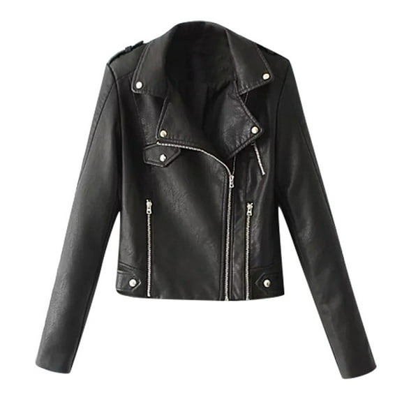 Zpanxa Womens Leather Jacket Casual Solid Color Lapel Zip up Cropped Tops Blouse Long Sleeve Motorcycle Jacket Coat Black 3XL