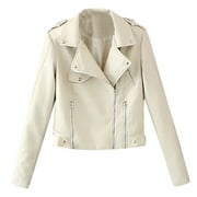 Zpanxa Womens Leather Jacket Casual Solid Color Lapel Zip up Cropped Tops Blouse Long Sleeve Motorcycle Jacket Coat White XL